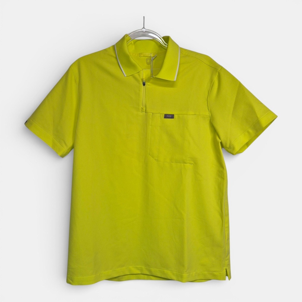 FIGS Mens Jasper Polo Scrub Top Neon Lime Green Quarter Zip Short Sleeve‎ S NEW